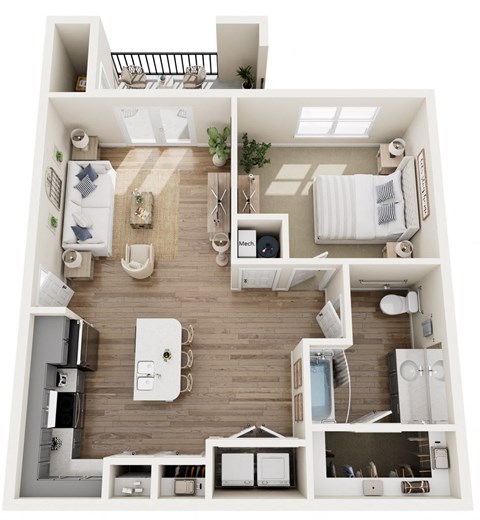 a 3d rendering of a floor plan with a bedroom and living room